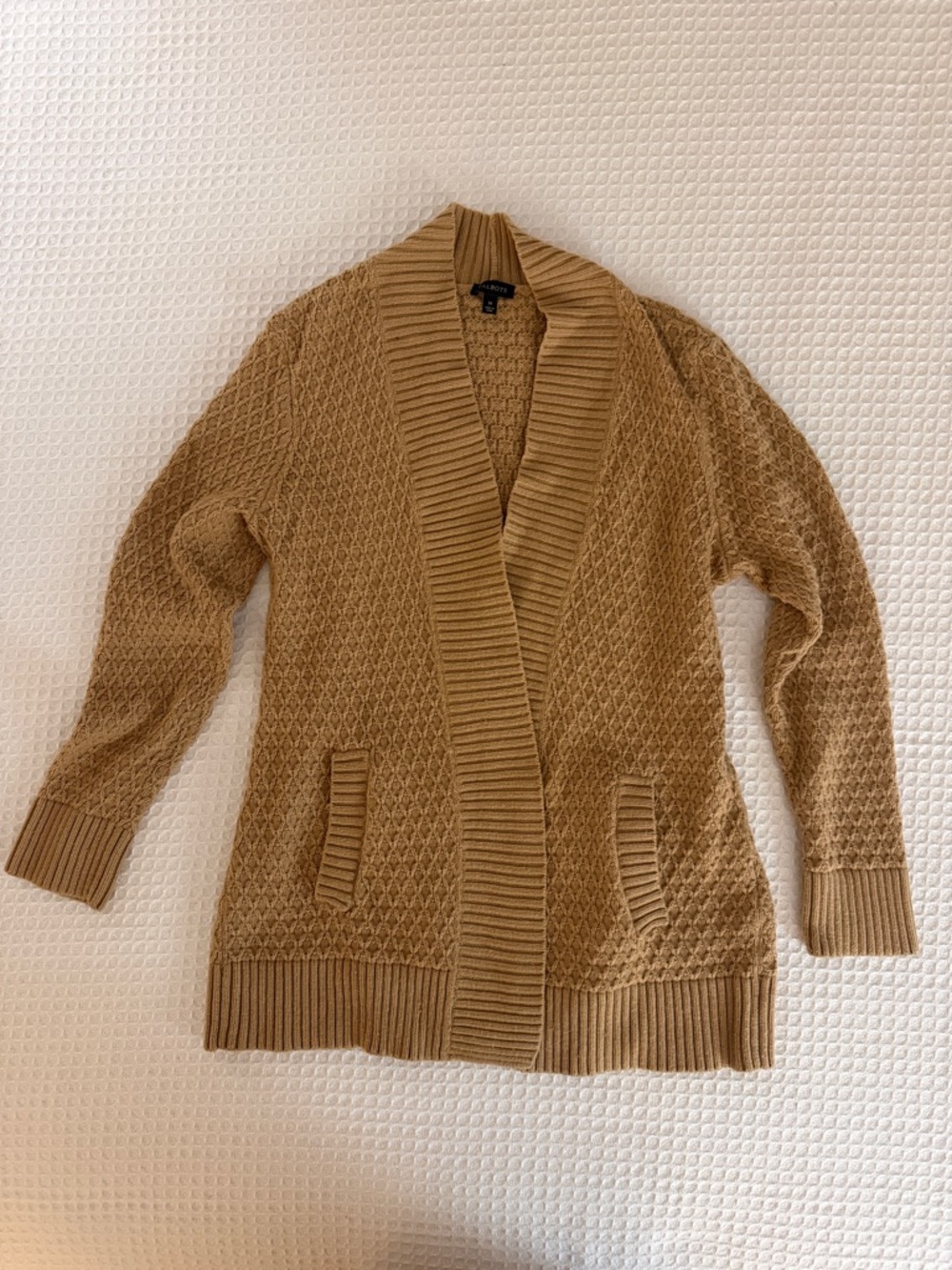 Talbots Camel Brown Open-Front Knit Lambs Wool Cardigan Medium